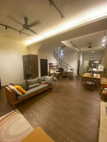 Living features: 3-seater fabric sofa in grey, decorative cushions, wooden coffee table, area rug with geometric pattern, ceiling fan, recessed LED downlights, wooden flooring, open layout, staircase in background, wall-mounted shelves, dining table with chairs, large windows, wall art; style: modern.