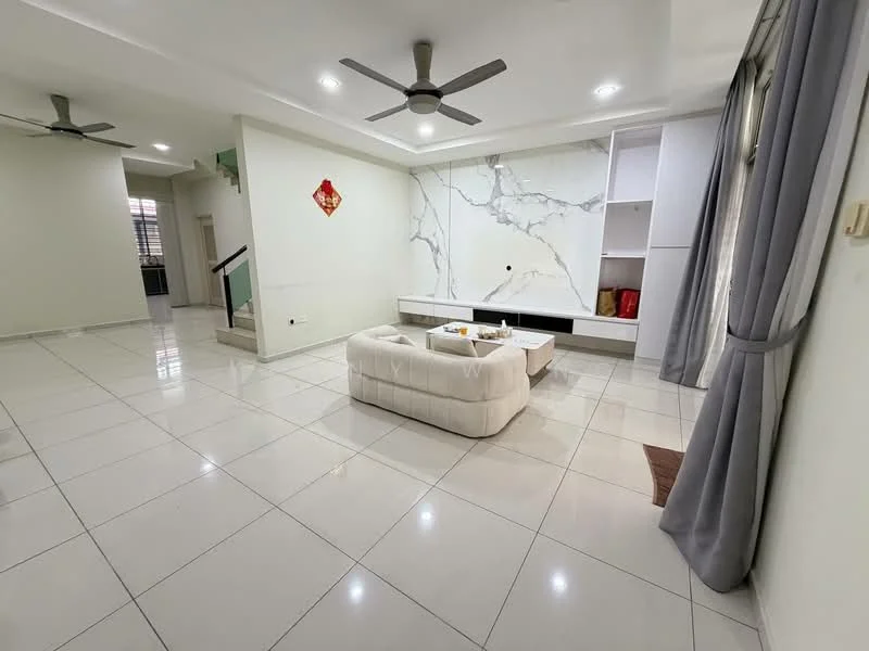 Living features: white painted walls, marble accent wall, white tiled flooring, recessed downlights, 2 ceiling fans, large windows with sheer curtains, built-in cabinetry, coffee table, sofa, decorative items on shelves; style: modern.