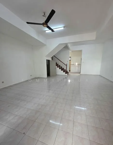 Room features: white painted walls, glossy ceramic tile flooring, 5-blade ceiling fan, staircase with wooden handrail, recessed ceiling lights, open layout, large windows for natural light; style: minimalist.