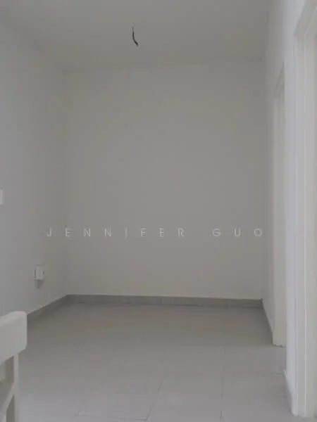 Room features: white painted walls, grey floor tiles, single ceiling light fixture, no visible furniture or decor; style: minimalist.
