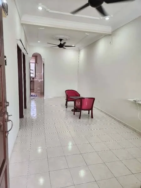 Room features: white painted walls, ceramic tile flooring, 5-blade ceiling fan, recessed downlights, two red upholstered chairs, small side table, doorways leading to other rooms, power outlet on wall; style: modern.