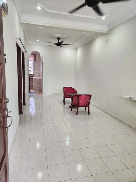 Room features: white painted walls, glossy tile flooring, 5-blade ceiling fan, recessed downlights, two red armchairs, small wooden table, doorway leading to another room, wall-mounted electrical outlet; style: modern.