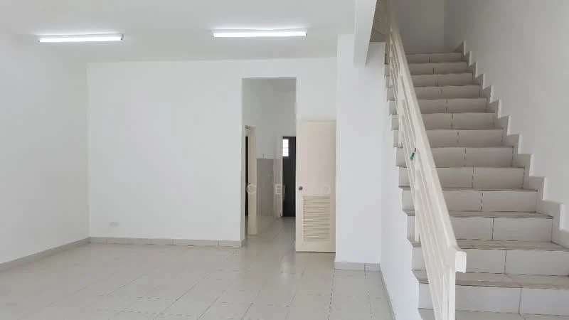 Room features: white painted walls, tile flooring, staircase with white railing, recessed ceiling lights, open space layout, doorway leading to another room, neutral color scheme; style: modern.