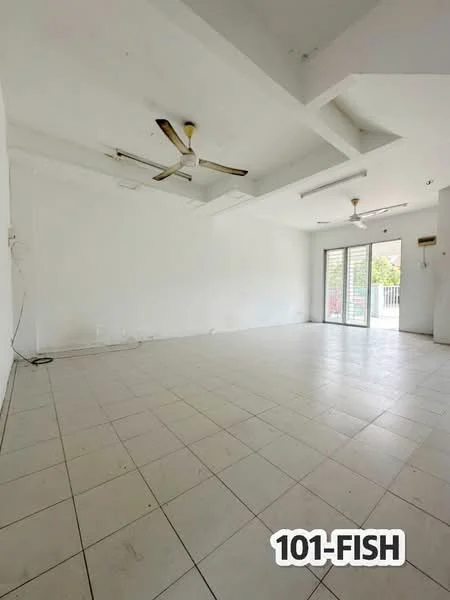 Room features: white painted walls, tiled flooring, 5-blade ceiling fan, recessed downlights, sliding glass door, floor-to-ceiling windows, no visible furniture, open layout.