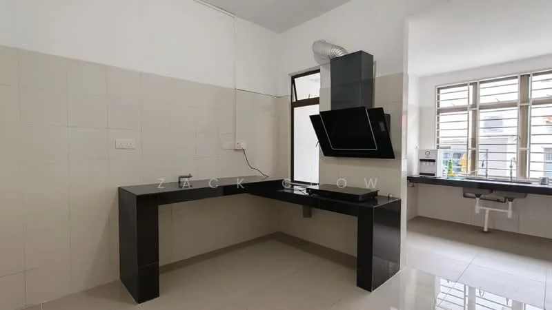 Kitchen features: black granite countertop, stainless-steel sink, chrome pull-down faucet, black kitchen cabinetry, built-in range hood, wall-mounted exhaust fan, ceramic tile backsplash, white tiled walls, grey floor tiles, large window for natural light, open layout, workspace area with chair; style: modern.