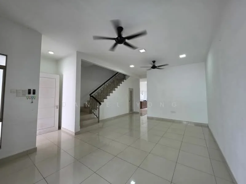Living features: white painted walls, glossy ceramic tile flooring, 2 ceiling fans, recessed LED downlights, staircase leading to upper floor, open layout, large windows for natural light, neutral color scheme; style: modern.