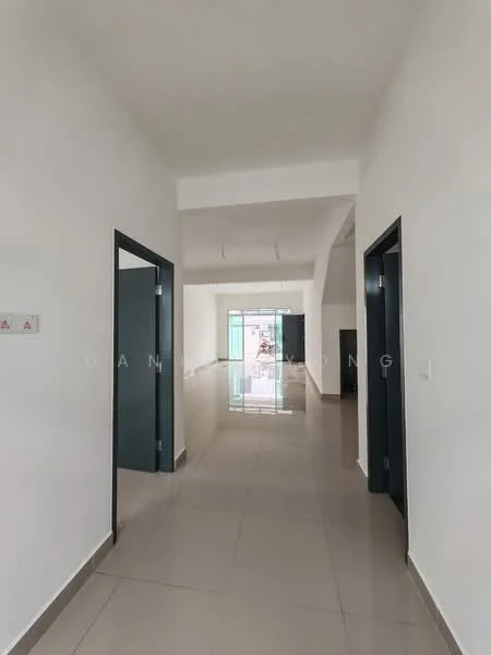 Room features: white painted walls, glossy ceramic tile flooring, recessed downlights, two doors visible, open layout, large windows, neutral color scheme, high ceiling; style: modern.