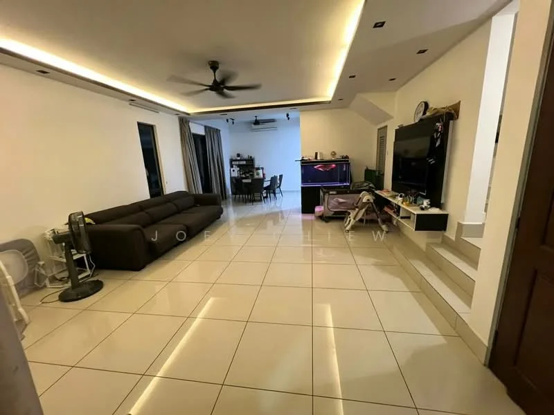 Living features: large brown fabric sofa, ceiling fan with light, recessed LED downlights, wall-mounted TV, TV console, white painted walls, glossy ceramic tile flooring, sliding glass door, dining area visible, decorative wall shelf, area rug; style: modern.