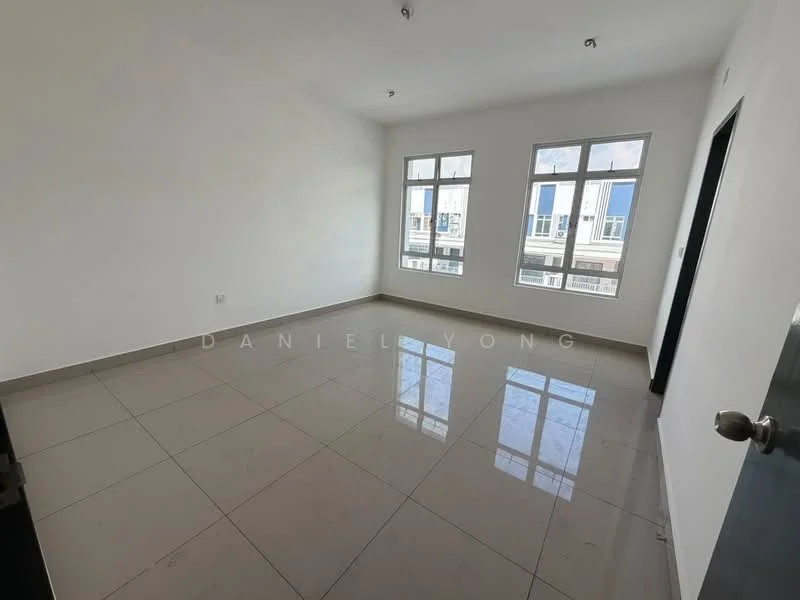 Room features: white painted walls, glossy ceramic tile flooring, large windows, natural light, neutral color scheme, no visible furniture, smooth ceiling, recessed lighting; style: modern; view: city.
