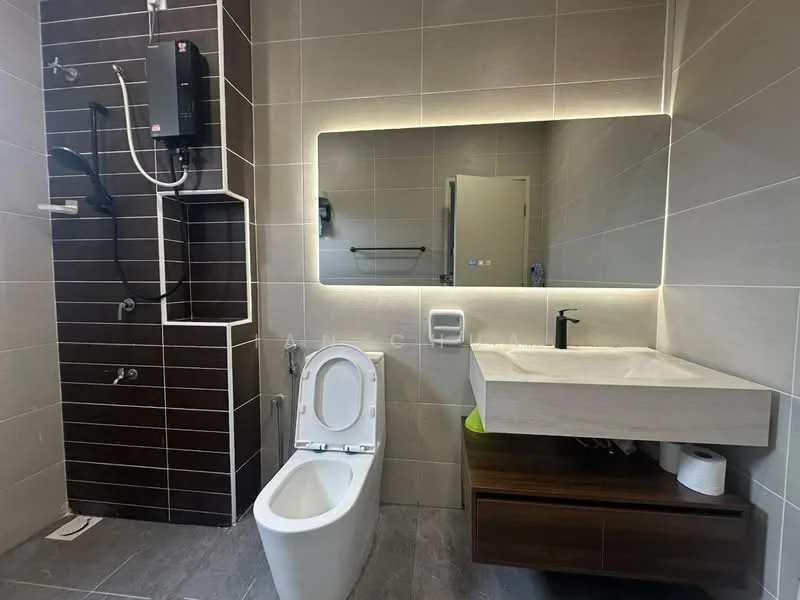 Bathroom features: wall-mounted toilet, single-sink vanity with wood cabinet, chrome basin mixer faucet, large backlit mirror, walk-in shower with glass enclosure, rain shower head, handheld shower, dark tile accent wall, light grey tile walls, grey tile flooring, toilet paper holder, built-in shelving, shower controls, water heater, towel rack; style: modern.