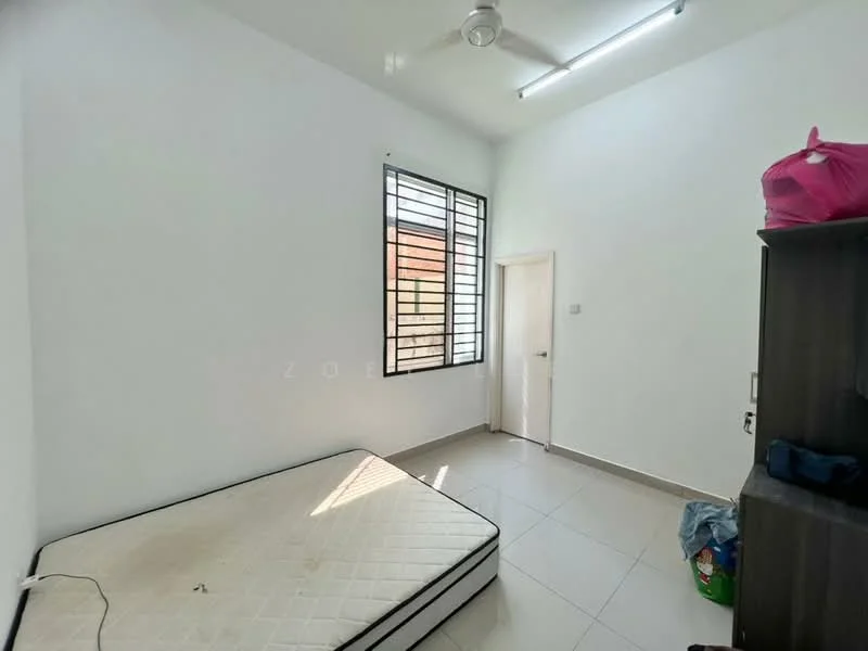 Bedroom features: white painted walls, tile flooring, single bed mattress, ceiling fan, window with metal grille, built-in wardrobe, natural light from window.