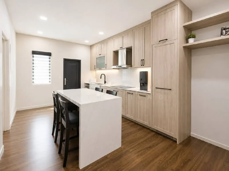Kitchen features: white marble countertop, light wood cabinetry, stainless-steel sink, chrome pull-down faucet, built-in oven, stainless-steel range hood, 4-burner gas hob, black refrigerator, open shelving, recessed LED downlights, vinyl plank flooring, window with horizontal blinds; style: modern.