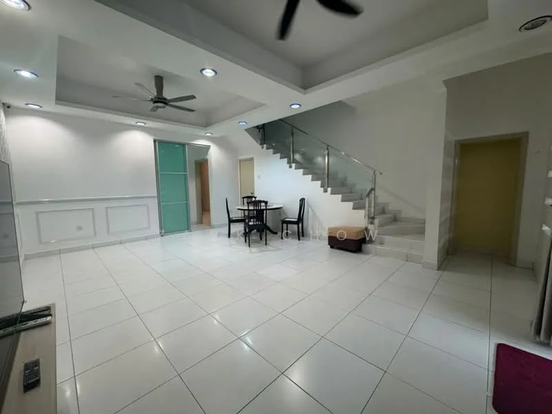 Living features: white painted walls, tile flooring, 5-blade ceiling fan, recessed downlights, staircase with glass railing, dining table with four chairs, open layout, large windows, neutral color scheme; style: modern.