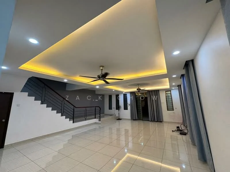 Living features: white painted walls, polished ceramic tile flooring, tray ceiling with recessed lighting, 2 ceiling fans, large windows with sheer curtains, grey accent wall, open staircase with metal railing, LED strip lighting, curtains, wall-mounted electrical outlets; style: modern.