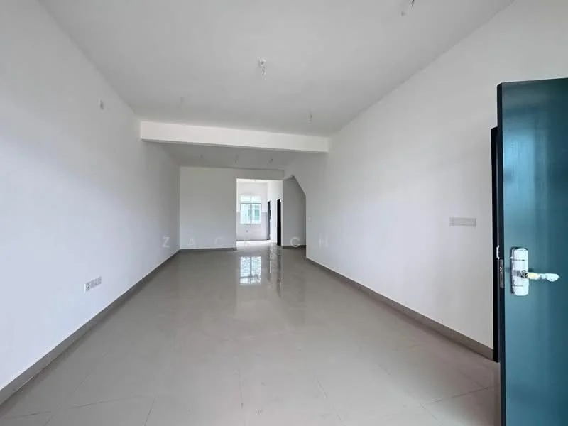 Room features: white painted walls, polished ceramic tile flooring, ceiling with recessed lighting, open layout, large windows, door with handle, corner wall, neutral color scheme; style: modern.