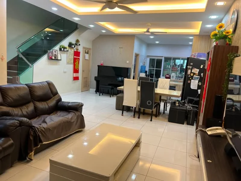 Living features: 3-seater leather sofa in dark brown, coffee table with glossy surface, white tiled flooring, recessed LED downlights, ceiling fan with light, wall-mounted TV, decorative wall art, piano in black finish, large windows with sheer curtains, dining table with white chairs, black refrigerator, open layout to dining area; style: modern.