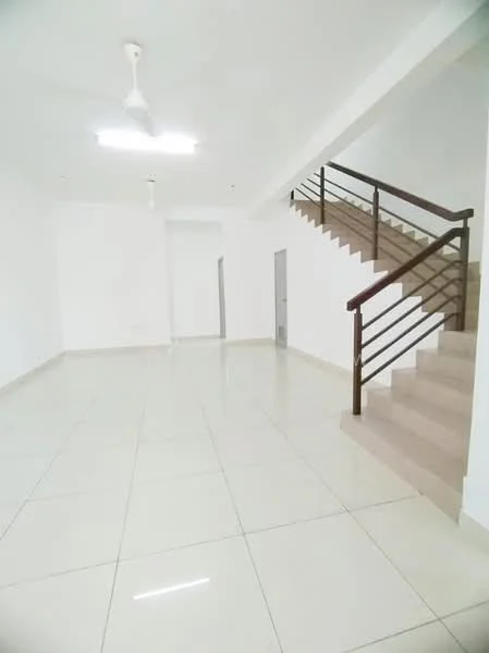 Room features: white painted walls, glossy ceramic tile flooring, 5-blade ceiling fan, staircase with wooden railing, open layout, natural light from windows, neutral color scheme, high ceiling; style: modern.