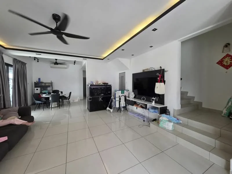 Living features: 5-blade ceiling fan with light, recessed LED downlights, grey fabric sofa, coffee table, wall-mounted TV, TV console, area rug, white painted walls, tile flooring, sliding glass door, curtains, open layout to dining area, staircase leading to upper level; style: modern. Dining features: round dining table, black dining chairs, open layout to living area, white painted walls, tile flooring; style: modern.