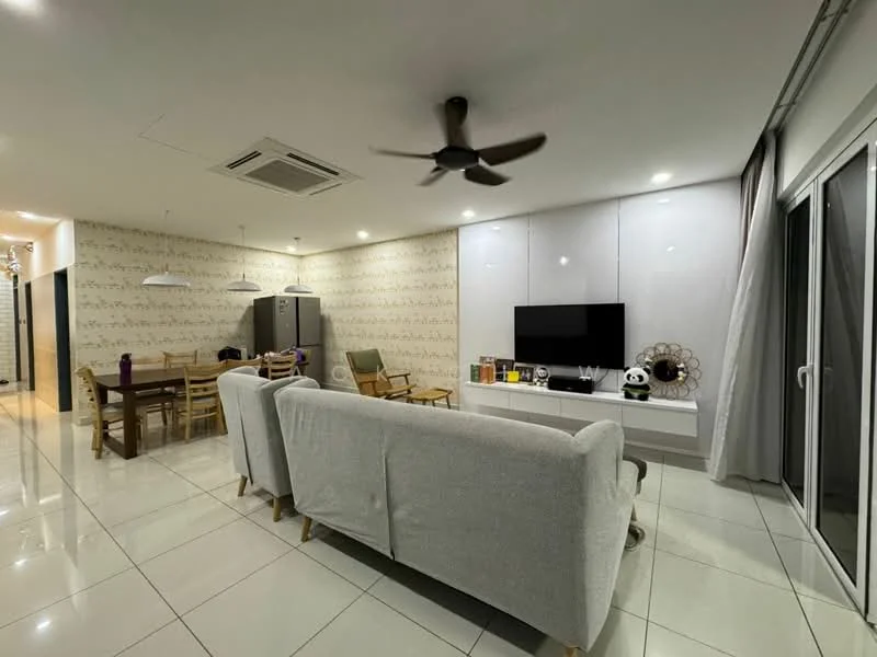 Living features: 3-seater fabric sofa in light grey, coffee table, wall-mounted TV, TV console, 5-blade ceiling fan, recessed downlights, white painted walls, glossy tile flooring, sliding glass door, curtains, decorative wall paneling; style: modern. Dining features: wooden dining table for 6, upholstered dining chairs, pendant lighting above table; style: modern. Kitchen features: stainless-steel fridge, open layout, white cabinetry; style: modern.