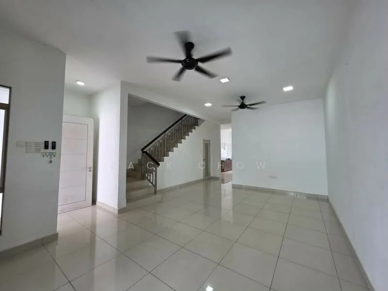 Living features: white painted walls, glossy ceramic tile flooring, 2 ceiling fans, recessed LED downlights, staircase with wooden railing, open layout, large windows for natural light, neutral color scheme; style: modern.