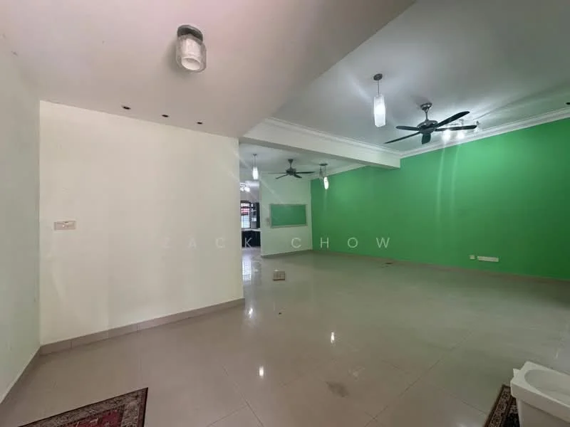 Room features: white painted walls, green accent wall, polished ceramic tile flooring, 2 ceiling fans, recessed downlights, hanging pendant lights, open layout, area rug; style: modern.