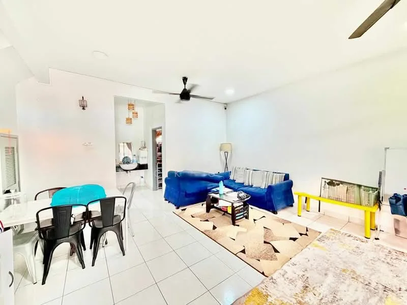 Living features: blue fabric sofa, area rug with geometric pattern, coffee table, wall-mounted TV, ceiling fan, white painted walls, tile flooring, decorative mirror, light-colored curtains, black dining chairs, dining table with blue tablecloth; style: modern.
