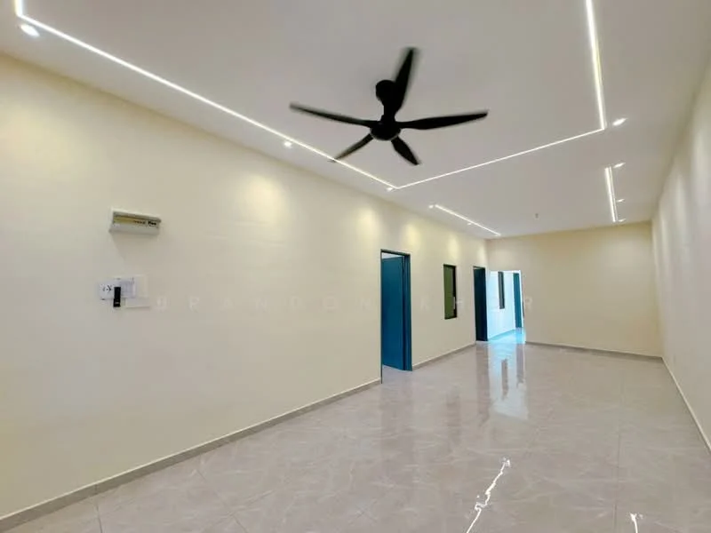 Room features: white painted walls, polished ceramic tile flooring, 5-blade ceiling fan, recessed LED downlights, air conditioning unit, blue door, large windows, neutral color scheme; style: modern.