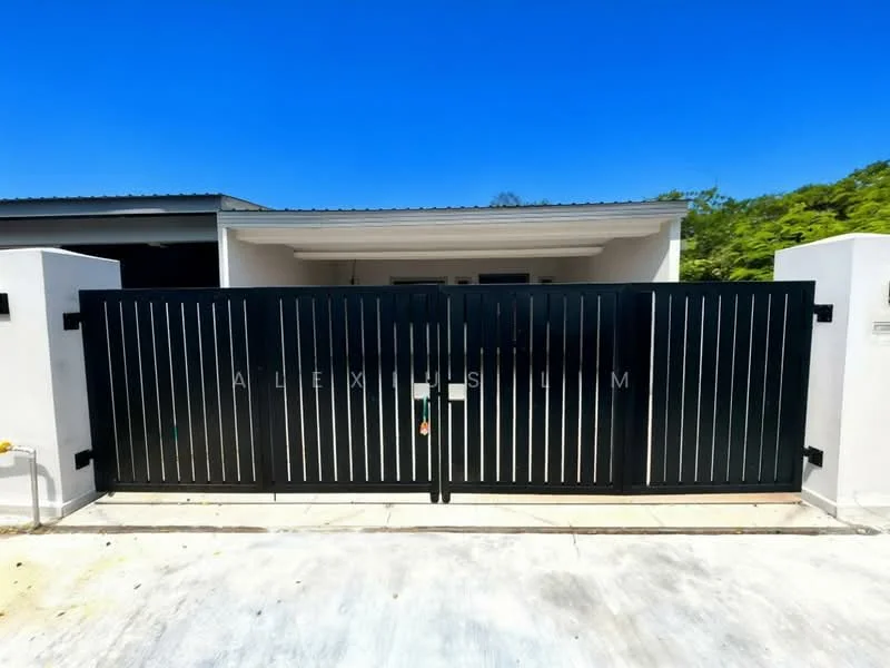Exterior features: black metal gate, concrete driveway, white painted facade, flat roof, surrounded by greenery, modern design; style: modern.
