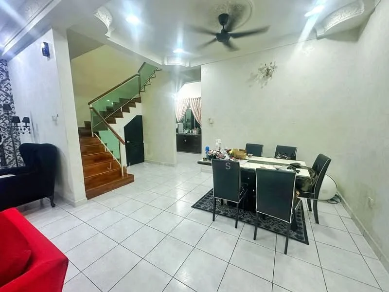 Dining features: white painted walls, tile flooring, 5-blade ceiling fan with light, dining table with black chairs, area rug, decorative wall sconce, staircase with wooden steps, curtains, black fabric sofa, wall-mounted decor; style: modern. Living features: red fabric sofa, tile flooring, white painted walls, 5-blade ceiling fan with light, decorative wall sconce, area rug; style: modern.