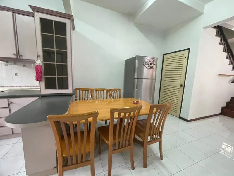 Dining features: wooden dining table, 4 wooden dining chairs, stainless-steel fridge, white tiled flooring, light green painted walls, kitchen counter with cabinetry, door to staircase, window with sheer curtains; style: modern.