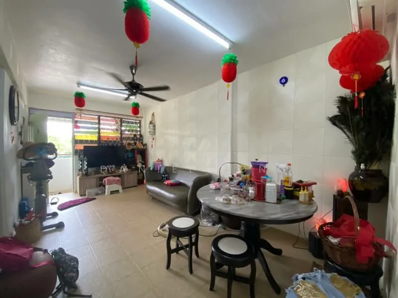Living features: cream painted walls, tile flooring, 5-blade ceiling fan, sofa in grey, round dining table, 2 dining chairs, decorative lanterns, houseplants in ceramic pots, open shelving, wall-mounted mirror, sliding glass door, curtains, decorative wall art; style: modern; view: garden.