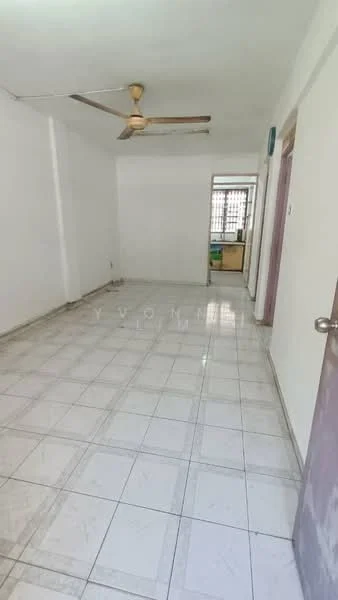 Room features: white painted walls, glossy ceramic tile flooring, ceiling fan, doorway leading to another room, natural light from window, neutral color scheme.