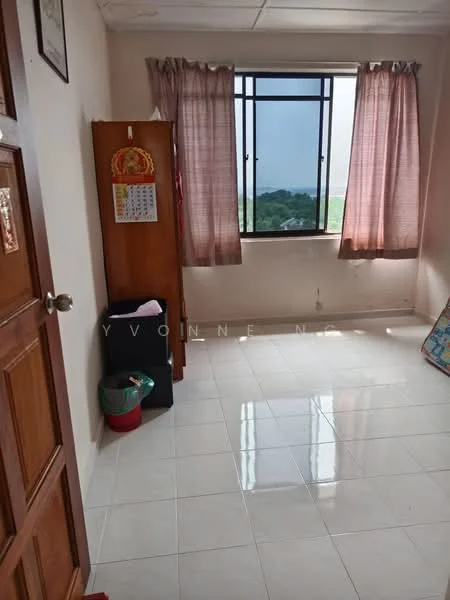 Room features: white painted walls, glossy ceramic tile flooring, floor-to-ceiling window, sheer curtains, wooden door, wooden cabinet, plastic trash bin, green waste basket, view of greenery outside; style: modern; view: garden.