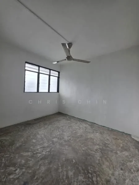 Room features: white painted walls, concrete flooring, 5-blade ceiling fan, large windows, natural light.