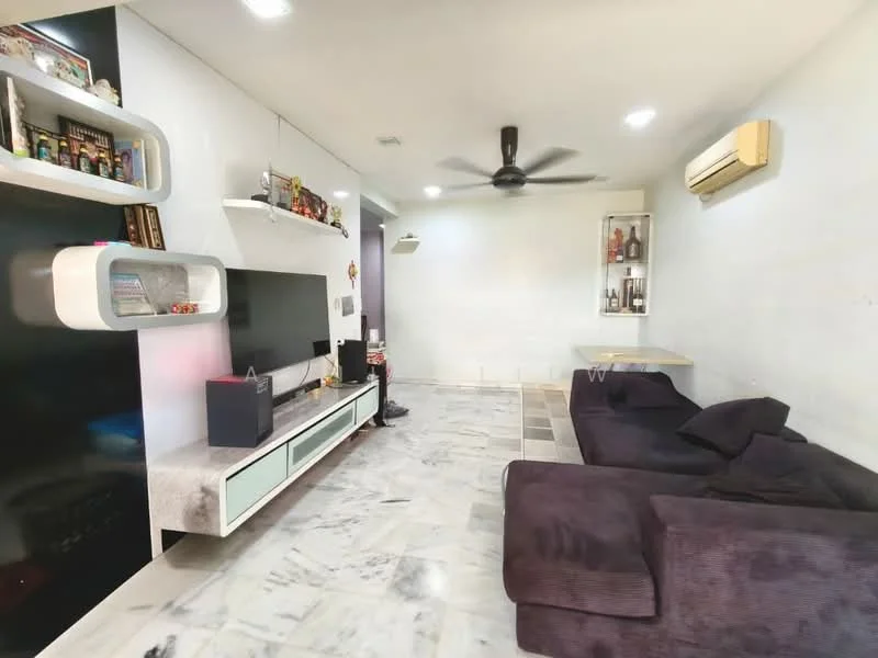 Living features: 3-seater fabric sofa in dark grey, 2-seater fabric sofa in dark grey, wall-mounted TV, TV console with storage, white wall-mounted shelves, black accent wall, marble flooring, ceiling fan, wall-mounted air conditioning unit, decorative items on shelves, light fixtures, neutral painted walls; style: modern.