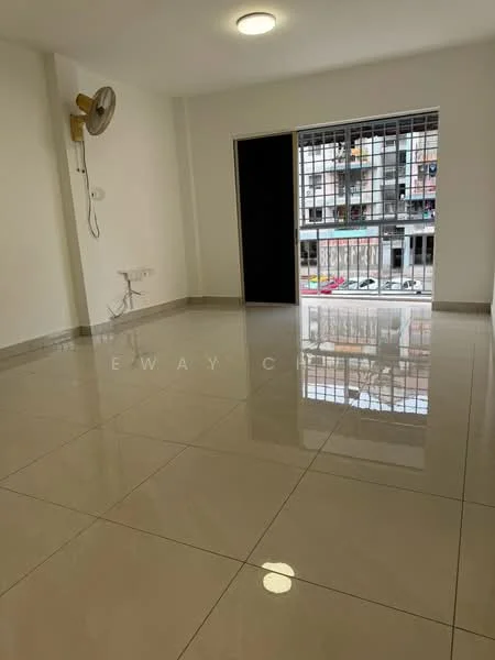 Room features: white painted walls, glossy ceramic tile flooring, ceiling light, window with metal grille, sliding door, wall-mounted fan; style: modern; view: city.