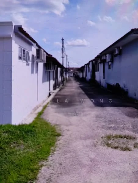 Exterior type: linked terrace house; features: white painted facade, single-storey, manicured lawn, visible air conditioning units, paved walkway, surrounded by greenery; style: modern.