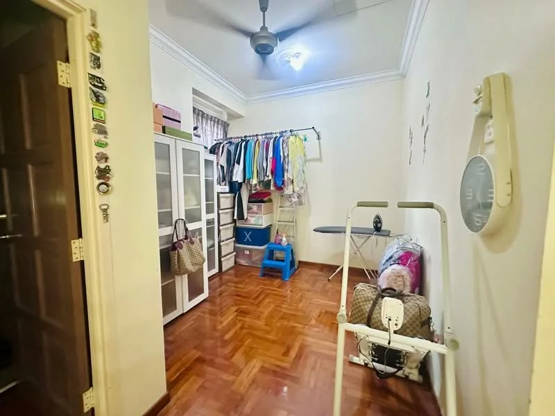 Room features: wooden flooring, white painted walls, ceiling fan, recessed ceiling lights, built-in wardrobe with glass doors, ironing board, clothes rack with hangers, blue plastic stool, laundry basket, decorative wall art; style: modern.
