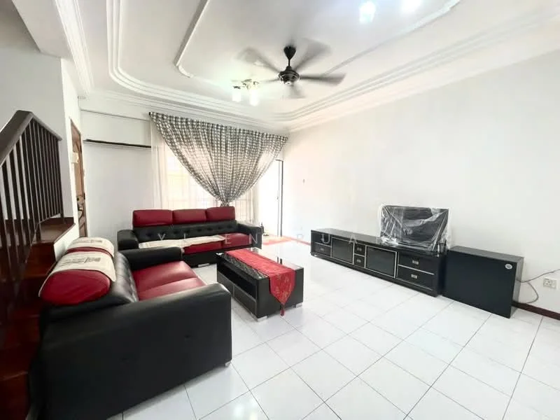Living features: 3-seater fabric sofa in black, 2-seater leather sofa in red, coffee table, TV console, wall-mounted TV, area rug, ceiling fan, white painted walls, white ceiling with crown moulding, floor-to-ceiling windows with sheer curtains, tile flooring; style: modern.