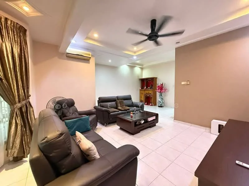 Living features: 3-seater leather sofa in black, 2-seater leather sofa in black, coffee table, TV console, wall-mounted TV, ceiling fan with light, recessed downlights, cream painted walls, white tiled flooring, curtains, decorative plant in vase, built-in cabinet with display shelves; style: modern.