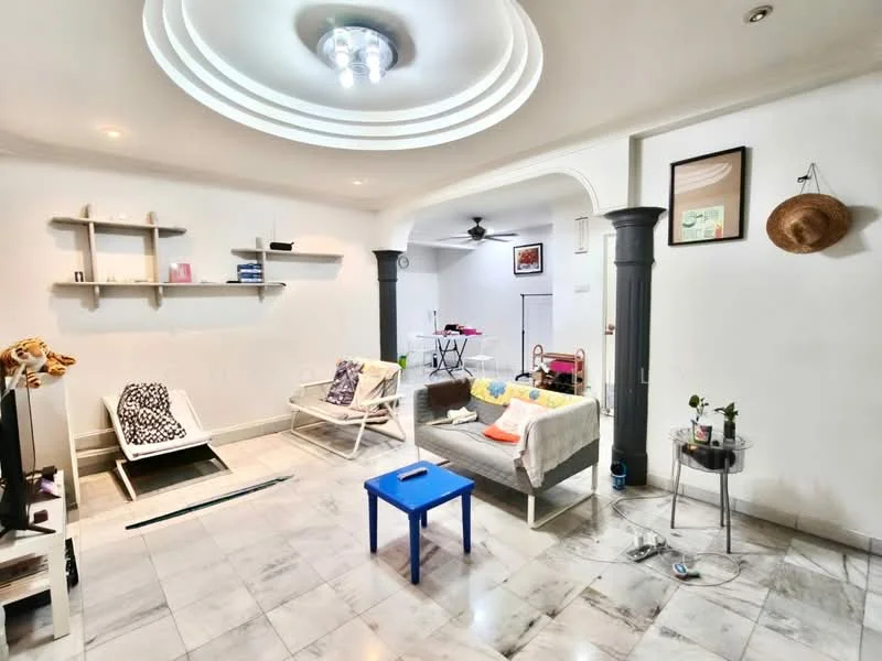 Living features: marble tile flooring, white painted walls, tray ceiling with recessed lighting, 5-blade ceiling fan with light, sofa with fabric upholstery, 2 lounge chairs, coffee table, TV console, decorative wall shelf, decorative artwork on walls, area rug, small side table; style: modern. Room features: white painted walls, marble tile flooring, open layout, visible dining area.