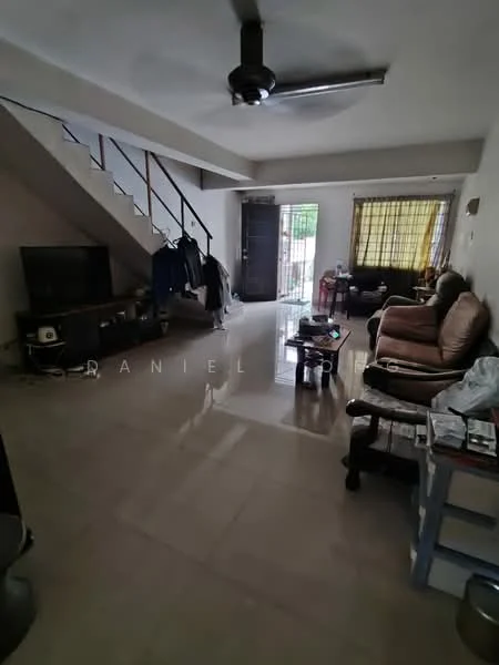 Living features: cream painted walls, glossy tile flooring, 5-blade ceiling fan with light, sofa in brown leather, coffee table, TV console, wall-mounted TV, sliding glass door, curtains with checkered pattern, staircase with wooden railing, decorative wall clock, area rug, side table, clothes hanging on railing; style: modern; view: garden.
