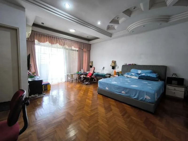Bedroom features: king-size bed with blue bedding, upholstered headboard, wooden flooring, tray ceiling with recessed lighting, large window with sheer curtains, curtains in pink, decorative wall with light fixtures, armchair, small bedside table, wall-mounted decor, open space for additional furniture; style: traditional.