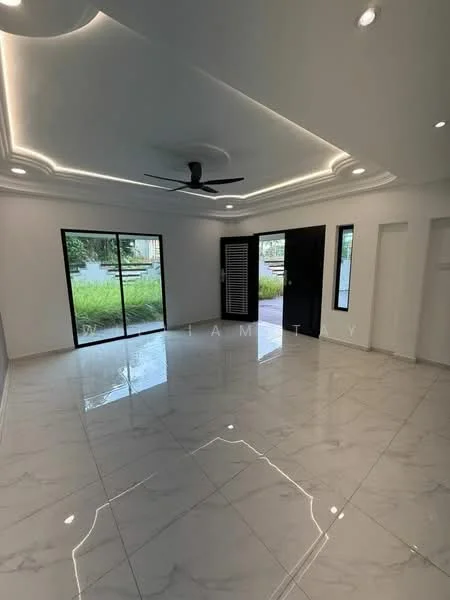 Living features: white painted walls, marble tile flooring, tray ceiling with recessed lighting, 5-blade ceiling fan, floor-to-ceiling windows, sliding glass door, black front door, window treatments, decorative wall paneling; style: modern; view: garden.
