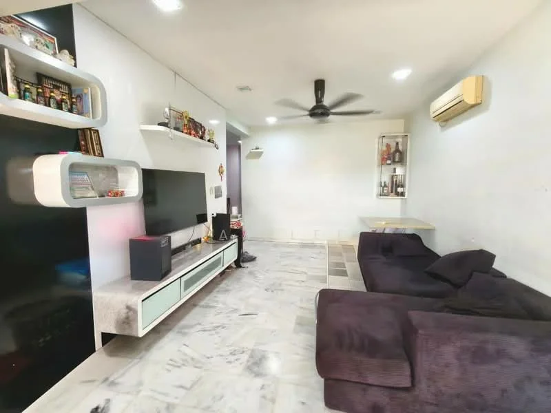 Living features: dark grey fabric sectional sofa, white wall-mounted TV console, black accent wall, marble flooring, ceiling fan with light, wall-mounted air conditioning unit, decorative shelving unit, recessed lighting, glass display cabinet, neutral painted walls; style: modern.