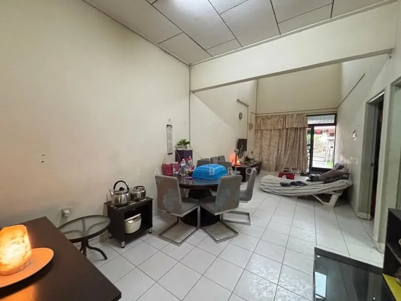 Living features: white painted walls, tile flooring, dining table with four chairs, sofa bed, curtains, floor-to-ceiling window, decorative lamp, side table, open layout.