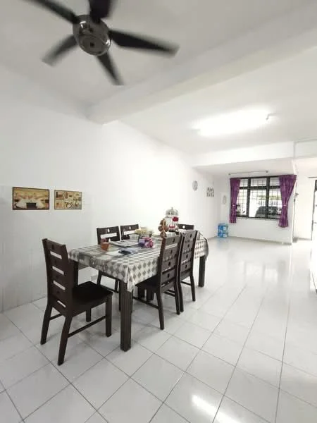 Dining features: dining table with checkered tablecloth, 8 dining chairs, white tiled flooring, ceiling fan, white painted walls, large window with purple curtains, decorative wall art, open layout; style: modern. Room features: white tiled flooring, white painted walls, large window, open layout.