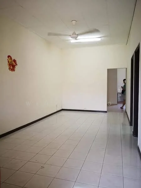 Room features: white painted walls, plain ceiling, ceiling fan, tile flooring, light fixtures, doorway leading to another room, decorative wall art, black trim around doors.