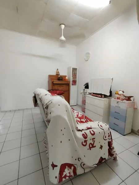 Room features: white painted walls, tile flooring, ceiling fan, sofa covered with patterned throw, wooden chest of drawers, white dresser, decorative items on dresser, wall clock; style: minimalist.