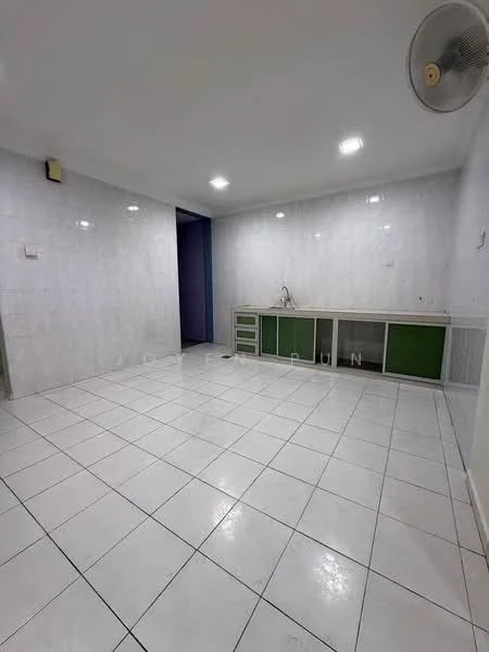 Kitchen features: white tiled flooring, white tiled walls, green cabinetry, single-bowl stainless-steel sink, wall-mounted faucet, recessed LED downlights, ceiling fan, open layout; style: modern.